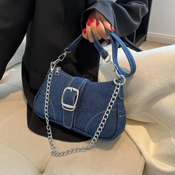Bolsa Baguete com Corrente Mayla Azul Marinho