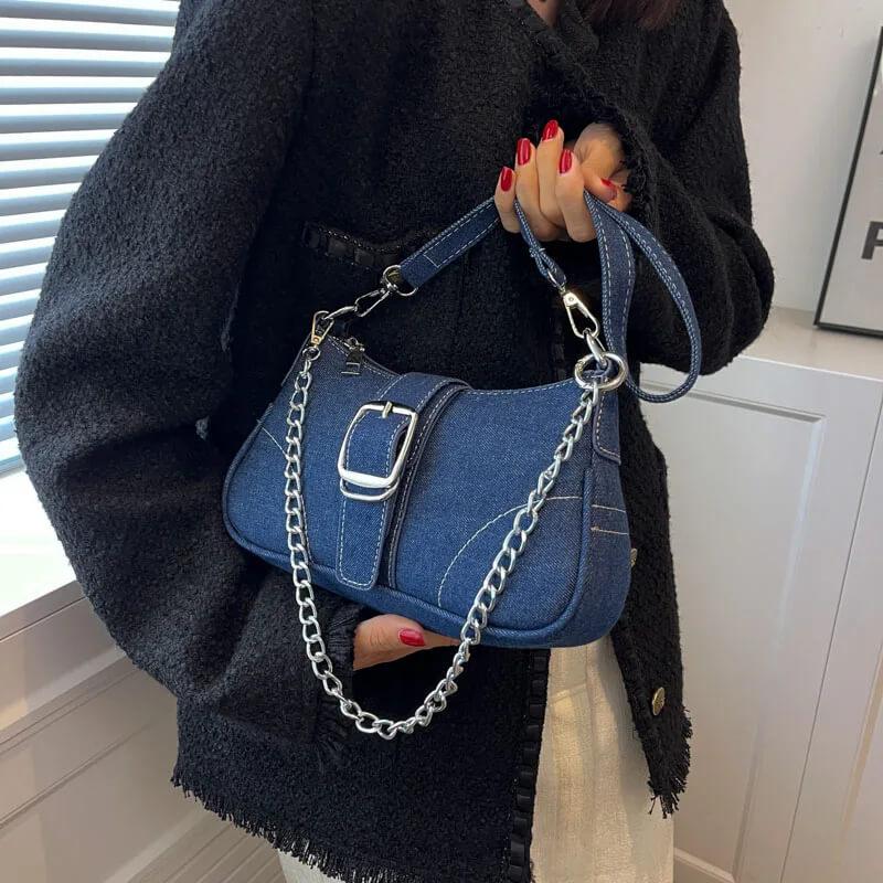 Bolsa Baguete com Corrente Mayla Azul Marinho