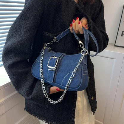Bolsa Baguete com Corrente Mayla Azul Marinho