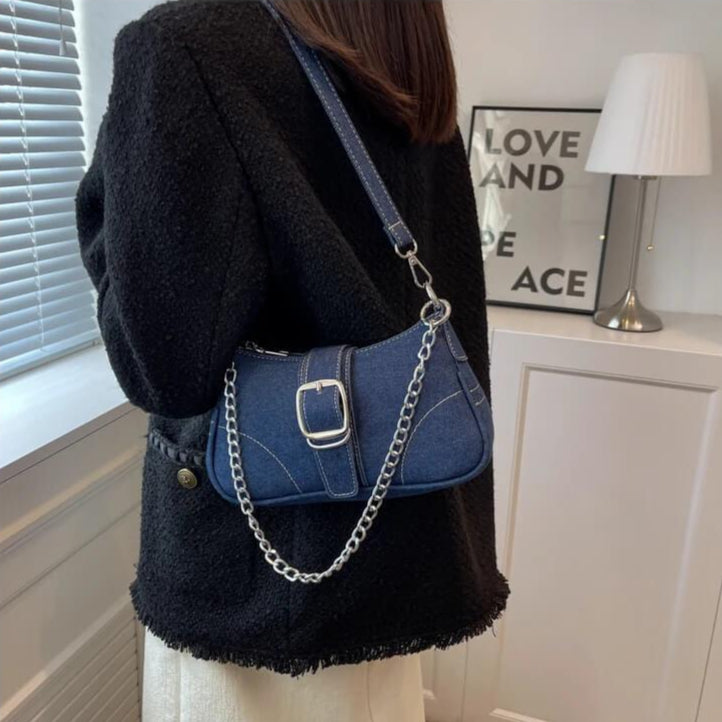 Bolsa Baguete com Corrente Mayla Azul Marinho