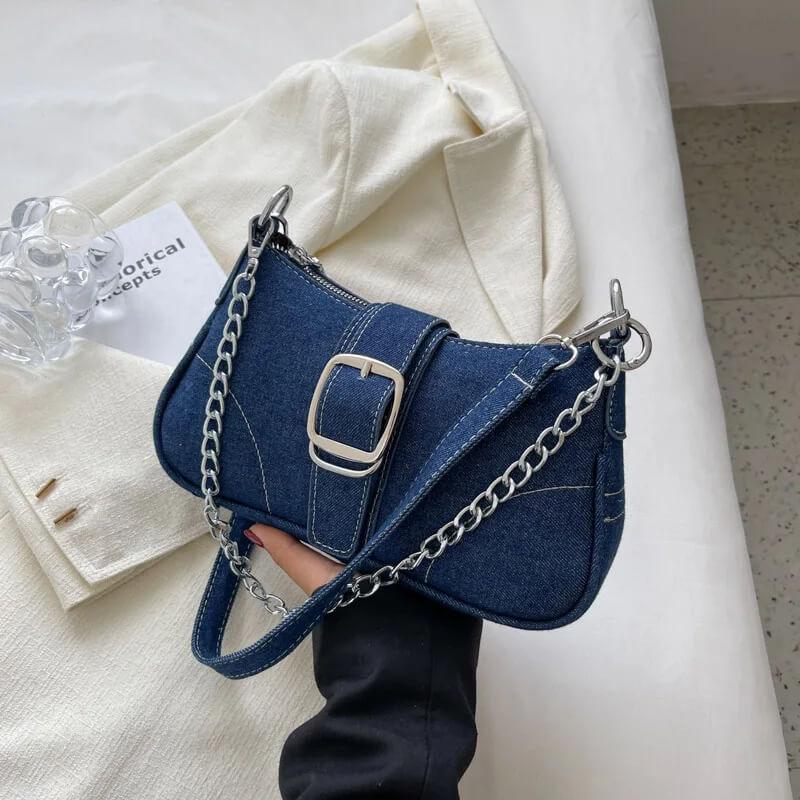 Bolsa Baguete com Corrente Mayla Azul Marinho