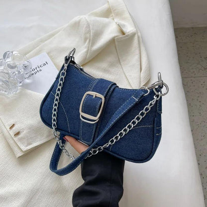 Bolsa Baguete com Corrente Mayla Azul Marinho