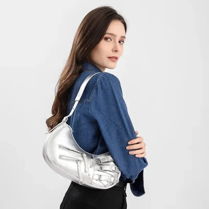 Bolsa Baguete de Couro Prata Stella