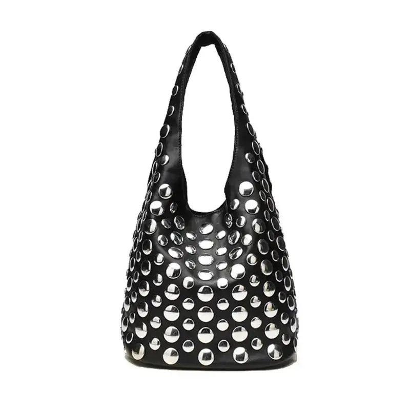 Bolsa Bucket de luxo Preto com Rebites Seeren