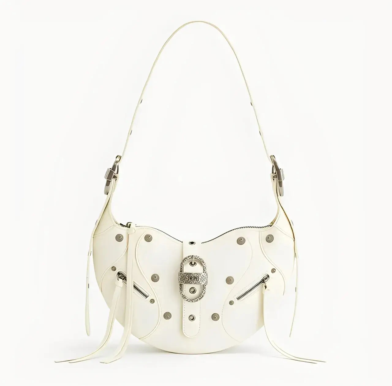 Bolsa Hobo de Couro Branca com Rebites Helen